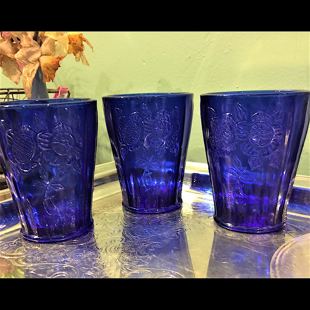 3 Antique Cobalt Blue Glass Tumblers W/ Daisies